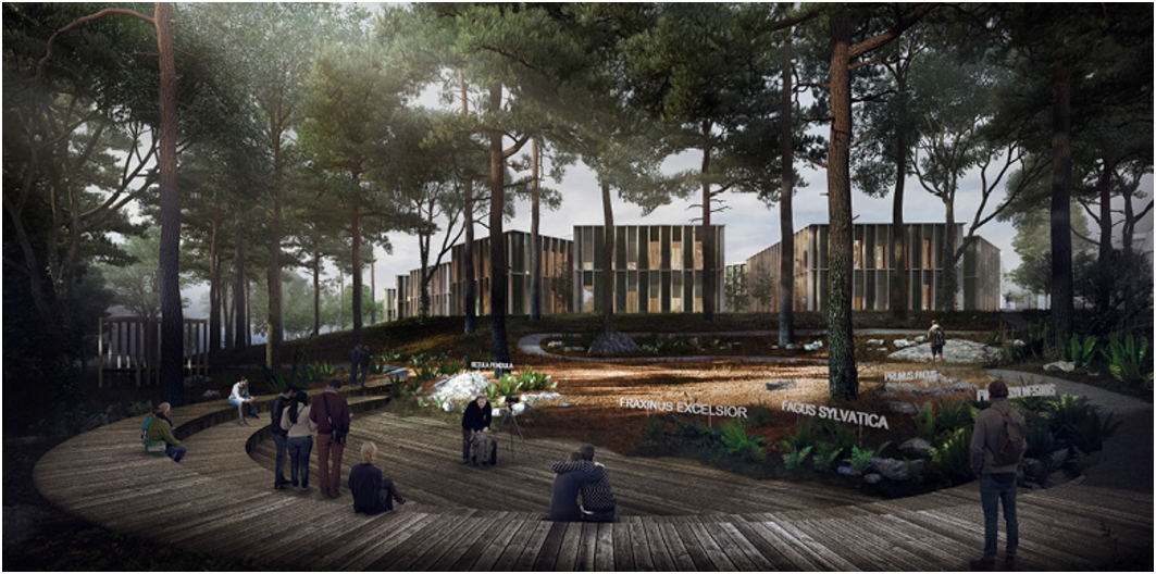 Pohled z naučné stezky na budovu nového sídla Lesů ČR / Vizualizace: Chybik+Kristof Architects & Urban Designers