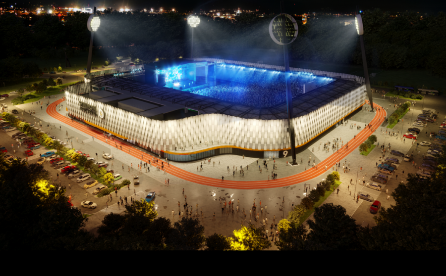 Noční pohled na rozsvícenou arénu / Vizualizace: Tomáš Vymetálek Arch.