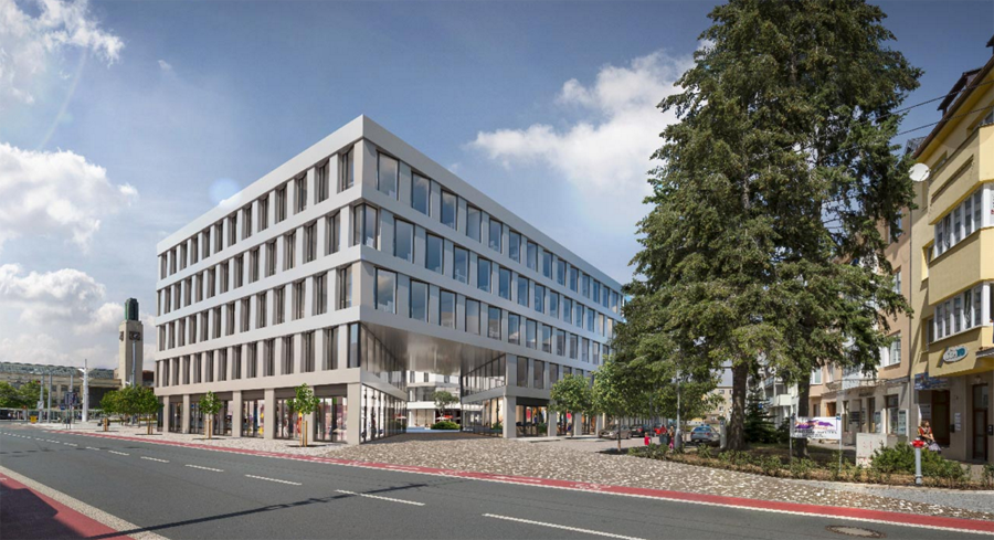 Pohled na administrativní část s průchozím koridorem a obchody při ulici | Vizualizace: Schindler Seko Architects