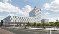 Nový 11-patrový hotel Clarion, vpravo administrativní objekt | Vizualizace: Schindler Seko Architects