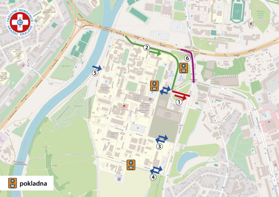 Mapa příjezdový tras do nemocnice / Foto: FNHK