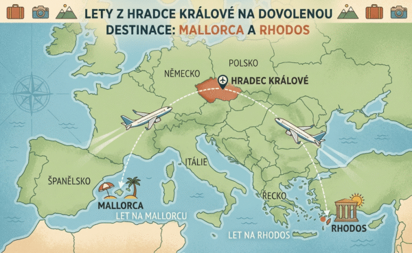 Mapa destinací z letiště v Hradci - baleárská Mallorca i slunečný Rhodos / Mapa: HKCITY