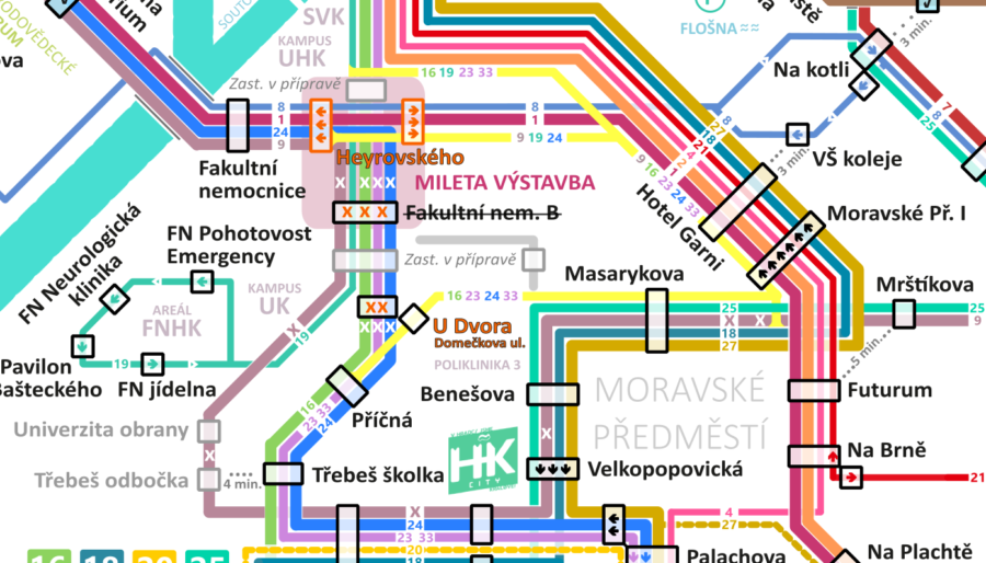 Orientační výlukové schéma MHD / Vizualizace: HKCITY