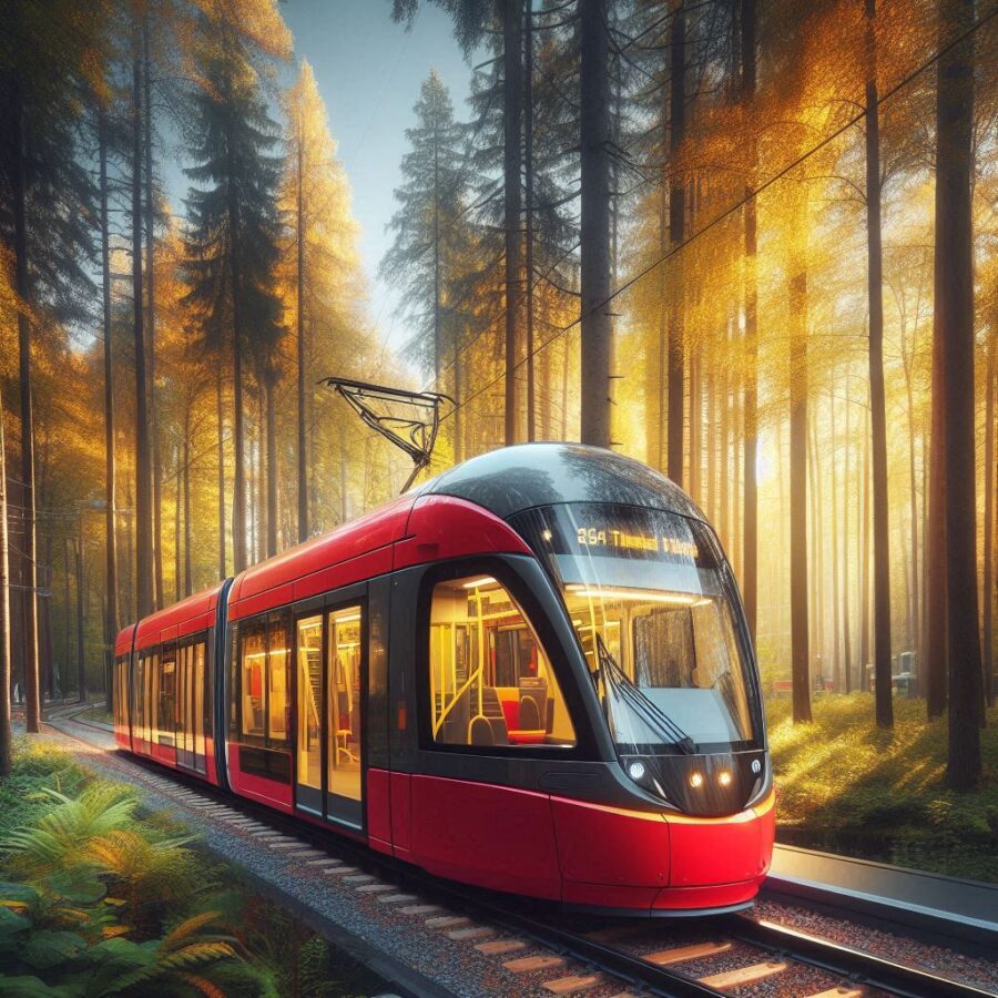 Tramvaj projíždí hradeckým lesem na konečnou / Foto: Vygenerováno pomocí AI (DALL-E 3)
